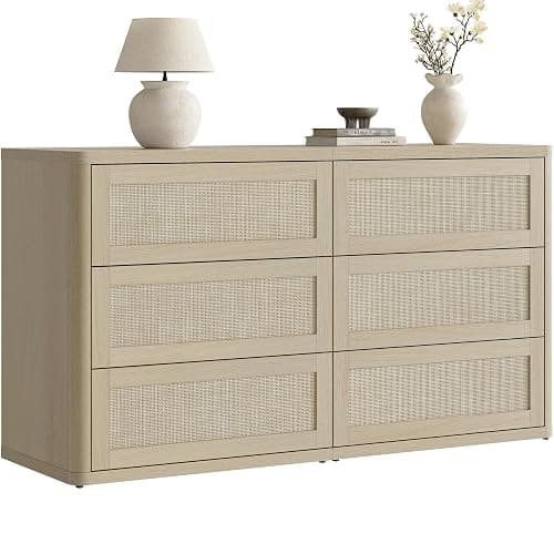 SICOTAS Dresser for Bedroom - 6 Drawer Dresser for Nursery 54" Wide Rattan Dressers & Chests of Drawers Boho Drawers for Bedroom Living Room Clothes Large Closet Storage for Closet Hallway Entryway - Image 1