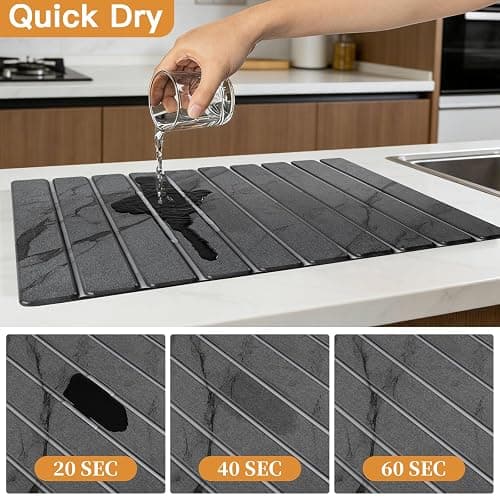 Stone Dish Drying Mat for Kitchen - Diatomaceous Earth Drying Mats | Grey Color, Quick Dry Counter Mats, Foldable Design, Super Absorbent, (24"×16"/ 8"x4" / 1 Drain Rack) , for Dishes Cups thumbnail 3
