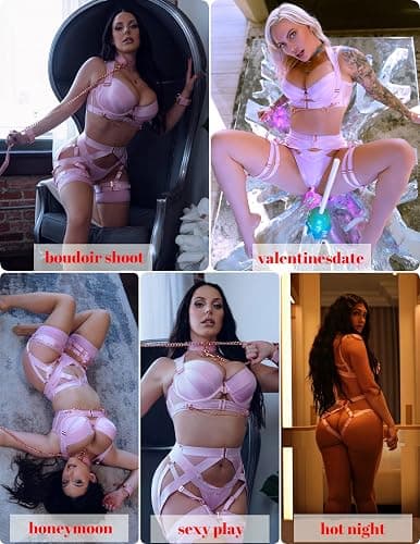 Avidlove Lingerie Set for Women Sexy Strappy Lingerie Underwire Push Up Bra Garter Set Lingerie with Chain - Small - Pink thumbnail 3