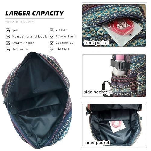 Yaopeing Casual Backpack for Women,Vintage Unique Style Fashion Backpacks Purse, Boho Ethnic Handbag Shoulder Bag,Dark blue thumbnail 6