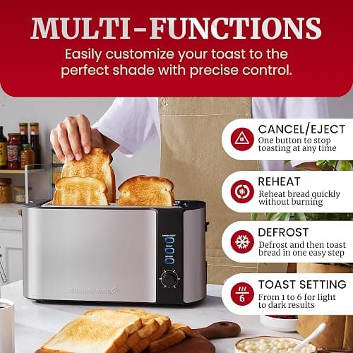 Elite Gourmet ECT-3100 Long Slot 4 Slice Toaster, Reheat, 6 Toast Settings, Defrost, Cancel Functions, Built-in Warming Rack, Extra Wide Slots for Bagels & Waffles, Stainless Steel & Black thumbnail 4