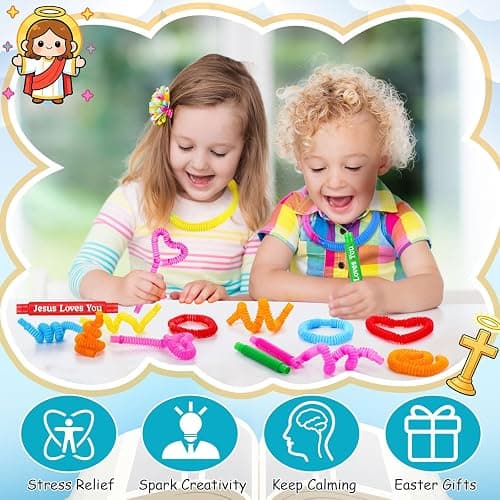 Skylety 64 Pack Christian Easter Gifts for Kids Pop Tubes Sensory Fidget Toy Party Favors 8 Colors Jesus Loves You Pop Tubes Creativity Fun for Toddler Kids Easter Party Favors Sunday School Gifts thumbnail 4