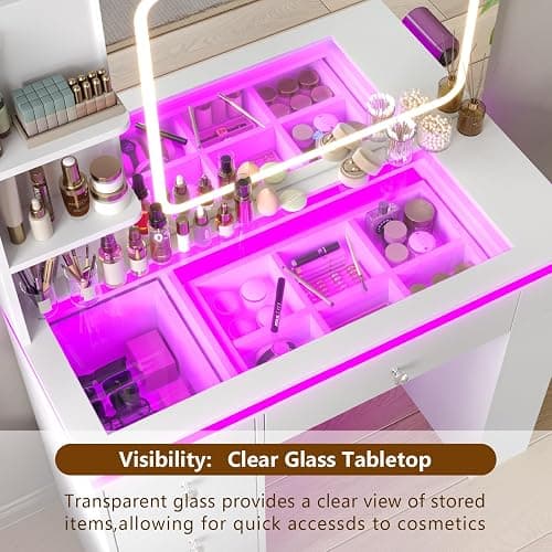 HuaYing White Vanity Desk with Illuminated Mirror & Power Outlet, Bedroom Dresser LED Mirror Stepless Dimmable & 3 Color Modes Adjustable RGB Drawers, for Women Girls Bedroom（Pure White thumbnail 6