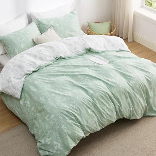 Bedsure Double Duvet Cover Set - Reversible Green Duvet Cover with Zipper Closure, 3 Pieces Floral Patterned Bedding Set with 8 Corner Ties and 2 Pillowcases, 200x200cm - Image 1
