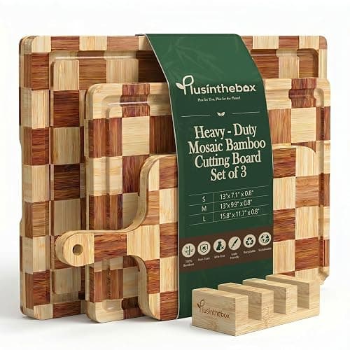 Checkered Cutting Board Set with Holder, Set of 3 End Grain Butcher Block Boards for Kitchen, Bamboo Serving Board with Handle for Cheese, Charcuterie, Meat, Fruit and Meal Prep - Image 1