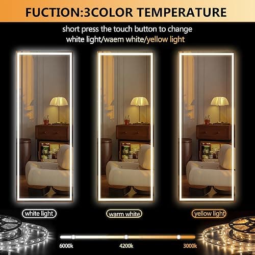 HASIPU Full Length Mirror with Lights, 56" x 18" LED Lighted Floor Standing Mirror, Full Body Dressing Hanging Mounted Mirror, Dimmable, Tempered Glass, Safe to Use, Square Black thumbnail 3