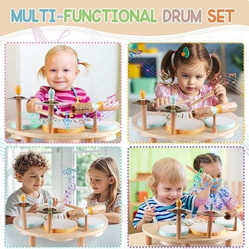 Kids Drum Set Montessori Musical Instruments for Toddlers 1-3, Wooden Baby Drum Kit with Xylophone, Preschool Music Toys for Early Learning, Educational Birthday Gift for Boys Girls (Multicolored) thumbnail 5