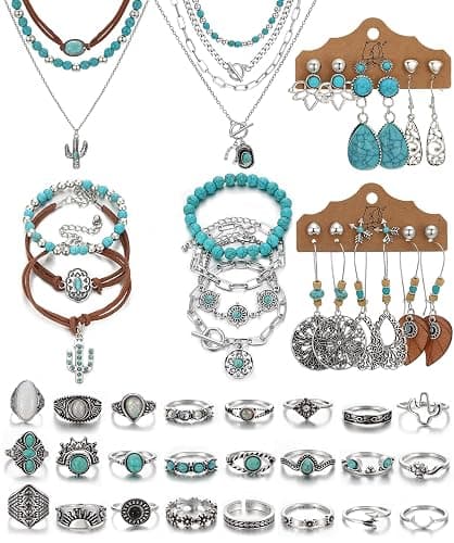 IFKM Bohemian Jewelry Set With Turquoise Necklace, Dangle Earrings, Stackable Bangle Bracelets, Knuckle Rings For Women Vintage Western Boho Turquoise Anniversary Birthday Friendship Gift - Image 1