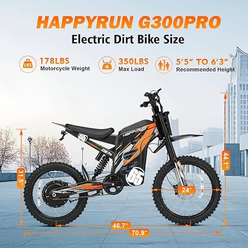 HAPPYRUN G300 Pro Electric Dirt Bike for Adults, 72V 30Ah Battery, 6500W Motor, 50 MPH Speed, 70 Mile Range, 350 Lbs Load Capacity, Hydraulic Brakes Black (Orange) thumbnail 4