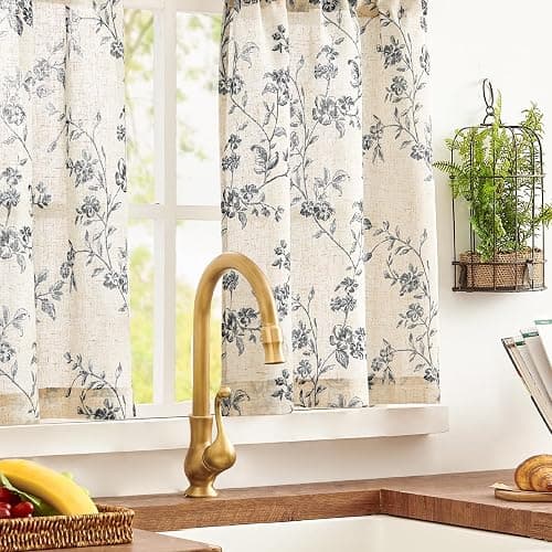 jinchan Floral Kitchen Curtains 36 Inch Linen Tier Curtains Farmhouse Cafe Half Window Drapes Over Sink Light Filtering for Living Room Laundry RV Rod Pocket 2 Panels Black on Beige thumbnail 3