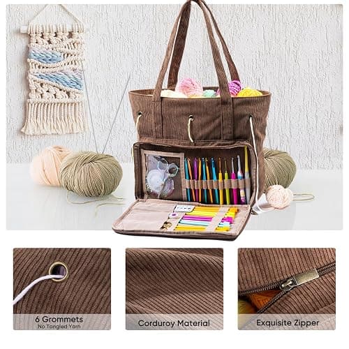 MYBAGZING Large Yarn Tote Organizer – Corduroy Knitting Storage Holder for Yarn, Hooks & Accessories, Portable Craft Carryall for Crocheting Lovers, Mother’s Day Gift thumbnail 5
