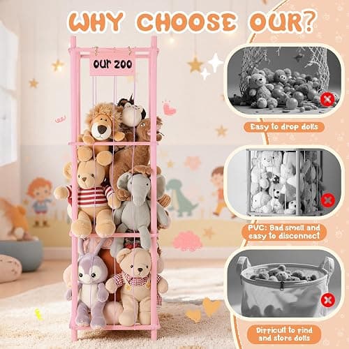 LAMU Stuffed Animal Storage, Wooden Zoo Stuffed Animal Holder with Elastic Cords, Space Save Toy Organizer, Extra Large Capacit Stuffed Animal Organizer for Playroom, Bedroom, Nursery, Pink thumbnail 7