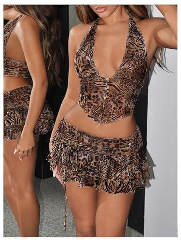 SOLY HUX Women's Y2k Skirt Sets 2 Piece Outfits Leopard Halter Crop Tops and Ruffle Layered Mini Skirt Set thumbnail 5