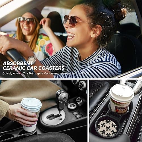 GUCIUU Car Coasters for Cup Holder 2 Pack - Black Bow Tie | 2.56 Inch Absorbent Ceramic Drink Cup Coasters for Car, Anti-Slip Cork Base Interior Accessories for Women & Men thumbnail 6