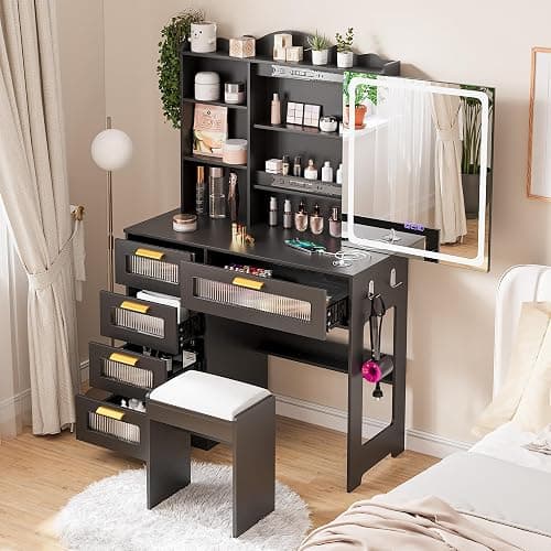 HNEBC Vanity Desk with Sliding Mirror and LED Lights, RGB Vanitys with Charging Station, Makeup Vanitys with Remote Control, White Dresser with Stool/Lager Drawers for Bedroom (Black) thumbnail 2