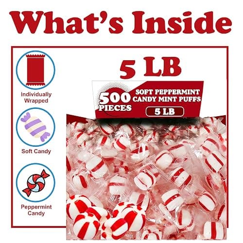 Soft Peppermint Candy Balls, 5 LB of Holiday Classic Christmas Candy Bulk, Stocking Stuffer, Individually Wrapped Red White Striped Peppermint Puffs thumbnail 2