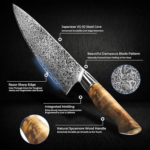 SENKEN 7-Piece Damascus Kitchen Knife Set - Dynasty Collection - 67-Layer Japanese VG10 Steel with Sycamore Wood Handles, Chef's Knife, Cleaver, Bread, Santoku, Boning, & More thumbnail 7