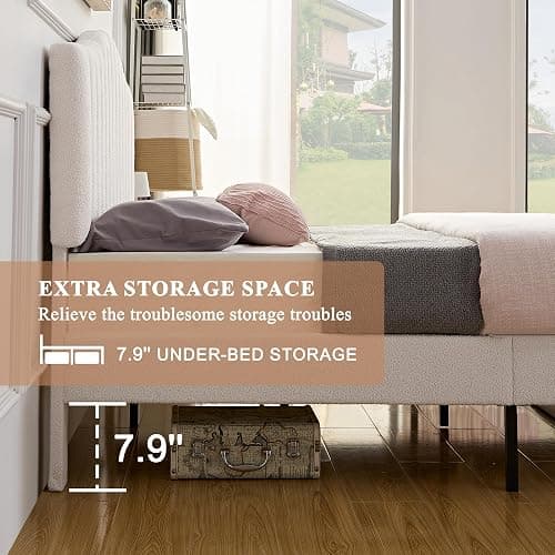 VECELO Full Size Beds Upholstered Platform Bed Frame with Height-Adjustable Teddy Fabric Headboard/Strong Wood Slats Supports / 7.9'' Under Bed Storage Space/Noise Free/No Box Spring Needed, Cream thumbnail 6
