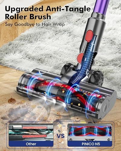 PINICO Cordless Vacuum Cleaner, 25kPA Vacuum Cleaners for Home, Stick Vac with Anti-Tangle Brush, 40 Mins Runtime, Lightweight, Versatile for Carpet, Hard Floor, Pet Hair (Purple) thumbnail 7