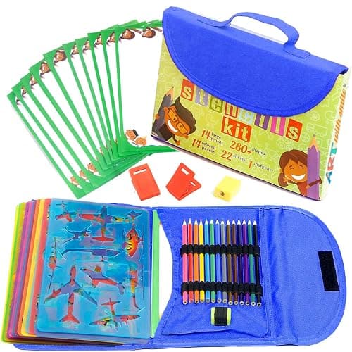 Drawing Stencils Set for Kids (55 Piece) - Arts and Crafts Set for Girls & Boys - Christmas & Birthday Gifts for Kids 4 5 6 7 8 9+ Year Old - Ideal Creativity Kit & Travel Activity with 300+ Shapes - Image 1
