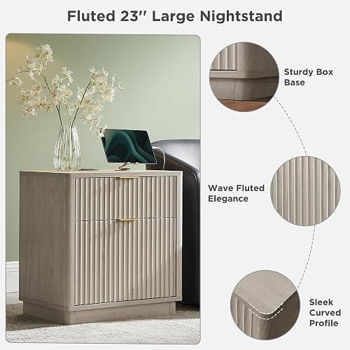 T4TREAM 23'' Fluted Nightstand Set of 2 with Charging Station, Large 2 Drawer Side Table, Modern End Table with Storage, Mid Century Bedside Table for Bedroom, Living Room, Curved Profile, White Alder thumbnail 7
