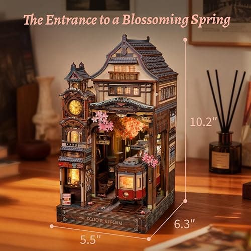 FUNPOLA Sakura Train Book Nook Kit – LED 3D Wood Puzzle with Infinity Mirror – DIY Bookshelf Decor, Miniature Craft Gift for Kids and Adults thumbnail 2