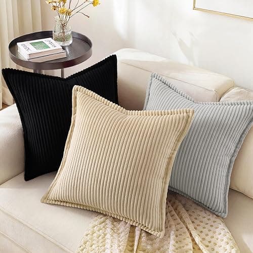 decorUhome Fall Corduroy Black Throw Pillow Covers 24x24 Set of 2 | Euro Sham Couch Decorative Soft Modern Boho Farmhouse Pillow Covers Broadside Striped Pillow Cases for Living Room Bed Sofa thumbnail 5