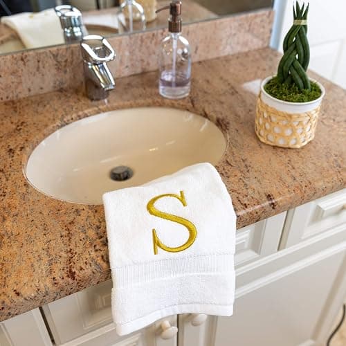 Decorvo Monogrammed Hand Towels for Bathroom - Luxury Hotel Quality Personalized Initial Decorative Embroidered Bath Towel for Powder Room, Spa - GOTS Organic Certified - Set of 2 Gold Letter S thumbnail 7