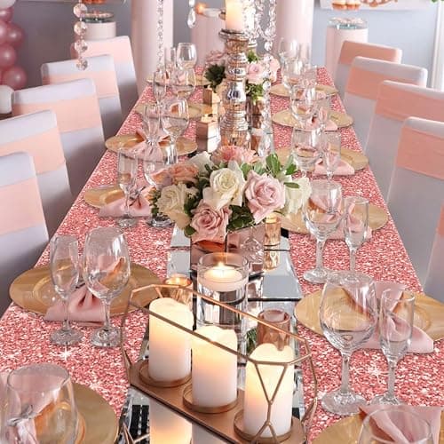4 Pack Pink Rose Gold Tablecloths, 51x87'' Rose Gold Sequin Printed Plastic Table Cover, Rose Gold Glitter Birthday Background Decorations for Girls Birthday Wedding Graduation Princess Party Supplies thumbnail 4