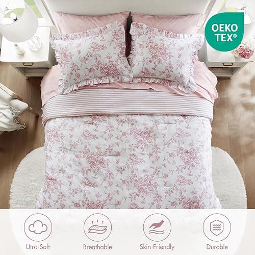 Madison Park Essentials Adele Pink Floral Queen Size Comforter Set – Vintage Bed in a Bag with Sheets, Reversible Ruffle Bedding, Elegant Gift for Her thumbnail 5