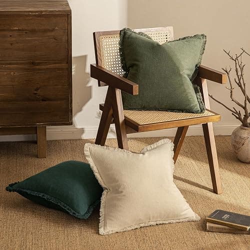 MIULEE Set of 2 Linen Throw Pillow Covers Decorative Boho Square with Tassels Farmhouse Cushion Covers Olive Green Accent Pillowcase with Fringe for Couch Sofa Bed Living Room Spring 20x20 Inch thumbnail 4