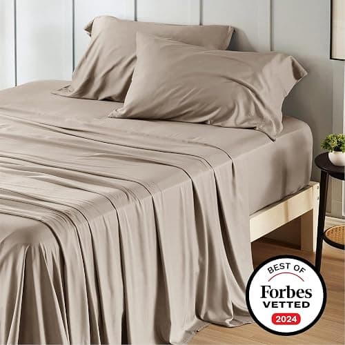 Bedsure King Size Sheets Set, Cooling Sheets for Hot Sleepers, Rayon Derived from Bamboo, Breathable & Soft, Deep Pocket Up to 16 Inches, Hotel Luxury Silky Bedding, Simply Taupe thumbnail 7