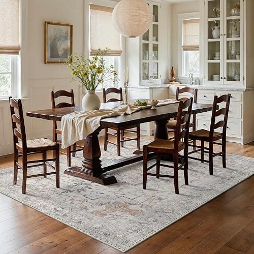 GENIMO 8x10 Area Rugs for Living Room, Machine Washable Non Slip Vintage Rugs, Low Pile Lightweight Chenille Print Rug for Bedroom, Dining Room, Home Office, Light Taupe Brown thumbnail 9