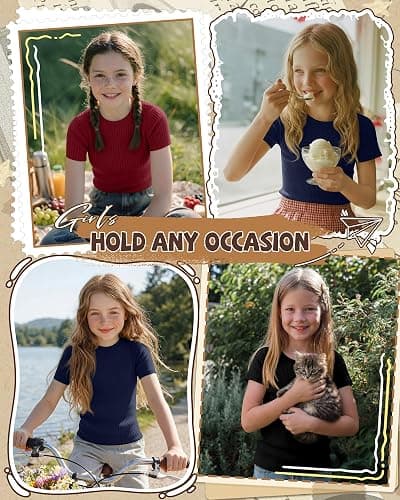 YooAurvox 3 Pack Girls' Short Sleeve T-Shirts Kids Ribbed Soft Tees Crew Neck Slim Basic Tops Solid Color 5-14 Years thumbnail 2