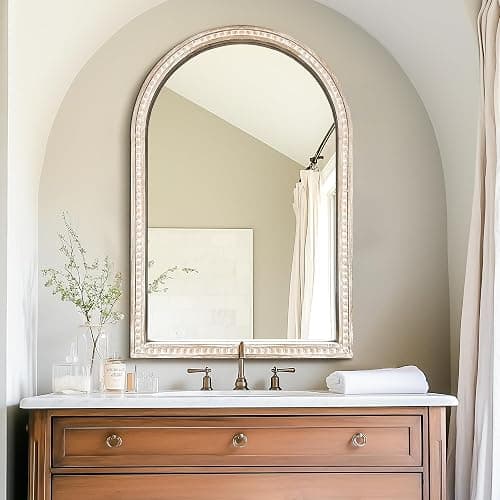 AMOISE Arched Vanity Wall Mirror 36 x 24 Inch Beaded Wood Frame Boho Farmhouse Decorative Mirror for Bathroom Bedroom Entryway Living Room thumbnail 4