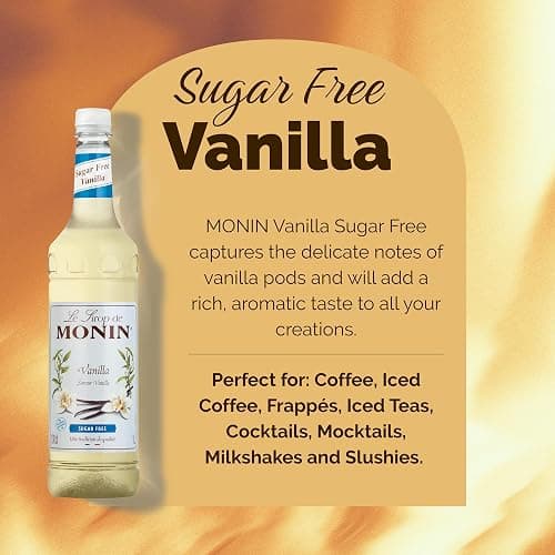 Monin Premium Vanilla Sugar Free Syrup 1L For Coffee And Cocktails. Vegan-Friendly, Allergen-Free, 100 Percent Natural Flavours And Colourings. Sugar-Free Vanilla Coffee Syrup | Vegan Friendly, also cocktails, same great taste with no added sugar, 100% natural flavours and colourings, latte creation thumbnail 4