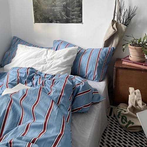 mixinni Vintage Striped Blue Duvet Cover Queen - 100% Cotton Red Stripes 3-Piece Bedding Duvet Cover Set with Zipper Closure, Soft & Breathable Retro Design for All Seasons (Queen Size) thumbnail 9