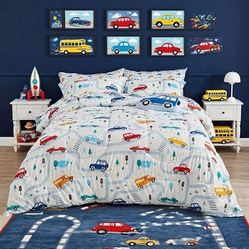 Mooreeke Bed in a Bag for Kids Boys Teens, 6 Pieces Twin Size Comforter Bed Set with Shams, Sheet Set and Decorative Toy Pillow, Cars White Super Soft Microfiber Kids Comforter Bedding Set - Image 1