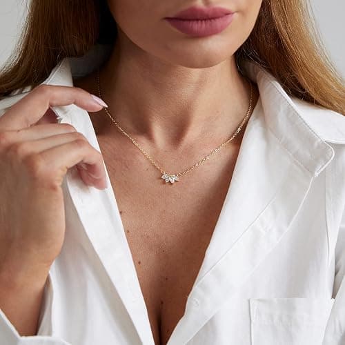 LEXODY Diamond Necklace for Women, Dainty 14k Gold Plated Flower Necklace | Simple CZ Leaf Pendant Choker Necklaces Trendy Non Tarnish Waterproof Chain Jewelry Gift thumbnail 3