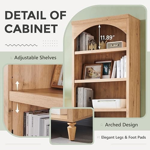 IFGET 76" Tall Arched Bookcase, Farmhouse 5 Tiers Large Arched Bookshelf Cabinet with Adjustable Shelves, Modern Wooden Book Shelf w/Storage and Open Display Shelves for Living Room, Office-Natural thumbnail 3