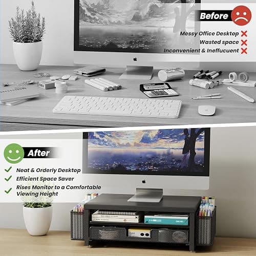 2 Tier Monitor Stand Riser with Drawer & 2 Pen Holders Storage for Desktop, Metal Computer Desk Organizer Stand for Laptop, Computer, iMac(Black) thumbnail 6