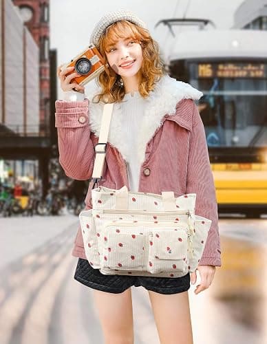 PainZieteg Strawberry Tote Bag Bow Bag With Multi Pocket Women Girls Crossbody Corduroy Handbags Purse Work Travel thumbnail 2