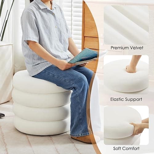Zibeths Round Velvet Storage Ottoman with Removable Lid, Small Tufted Vanity Stool for Dorm, Modern Compact Footrest for Bedroom Entryway Lounge, White thumbnail 4