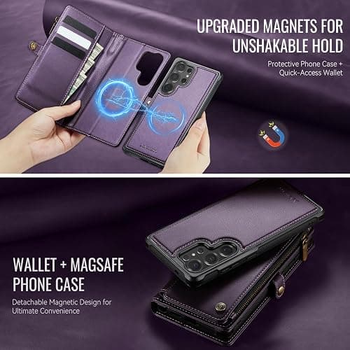 Defencase for Samsung Galaxy S25 Ultra Magnetic Wallet Case Compatible with Magsafe with RFID Blocking Zipper & Card Holder Women, PU Leather Detachable Phone Case for Galaxy S25 Ultra 6.9", Purple thumbnail 3