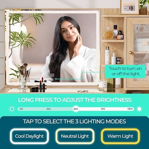 LINSY Wood Vanity with Glass Top, Makeup Vanity with Storage Drawers, Boho Fluted Vanity Desk with Mirror and Lights, Large Dressing Table with Cabinet and Outlet for Bedroom, Women, Girls thumbnail 6