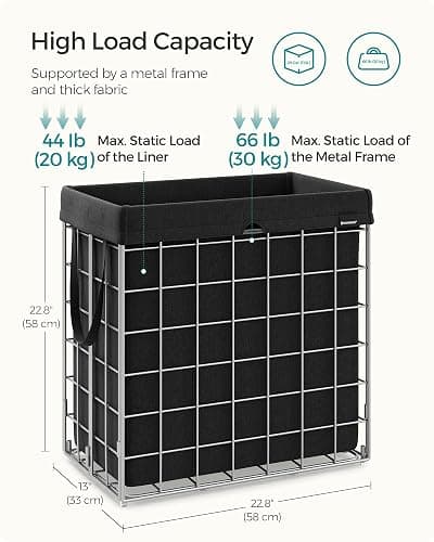 SONGMICS 29 Gal. (110L) Laundry Basket, Laundry Hamper, Collapsible Clothes Hamper, Removable and Washable Liner, Metal Wire Frame, for Bedroom Bathroom, Silver and Classic Black ULCB111B01 thumbnail 3