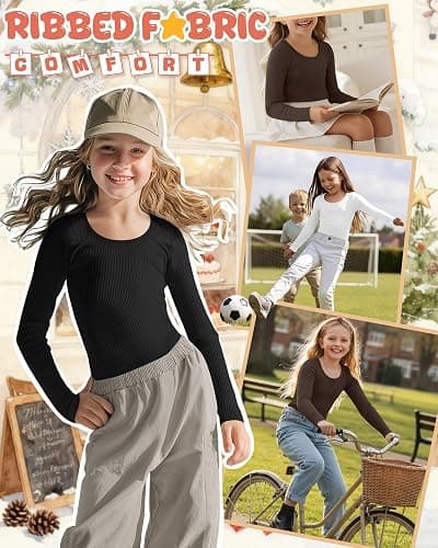 LessonZoo 3 Pack Girls Long Sleeve Shirts Ribbed Cotton Layering Tops Scoop Neck Slim Fit Basic Tee Undershirts 5-14 Years thumbnail 5