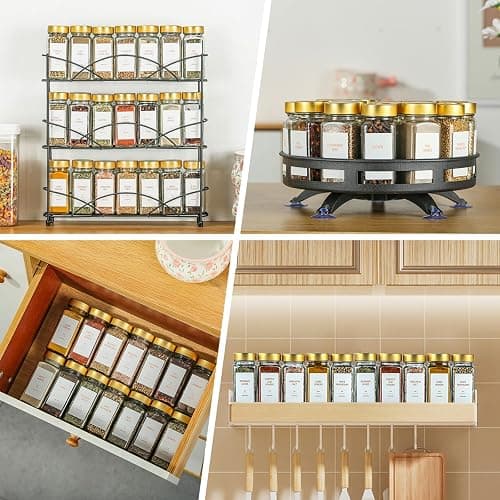 TESUNMU Gold Spice Jars with Label，4oz Seasoning Containers, Glass Spice Bottles with Shaker Lids,Funnel, Chalk Pen for Cabinet，Drawer，Rack(24) thumbnail 7