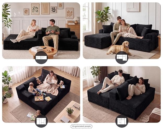 KIVENJAJA 96" Boneless Sectional Couch, 3 Seat with Chaise, Black | living room, apartment, basement, no assembly required, deep seat, cloud, easy to move, corduroy fabric, high-density foam thumbnail 3