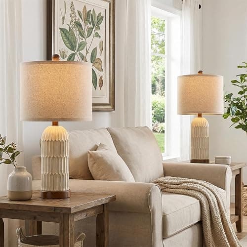 OYEARS 22.5" Bedside Table Lamps Set of 2, Farmhouse Table Lamp with USB A+C Charging Ports,Vintage Nightstand Lamp for Bedrooms and Living Rooms, Retro Resin End Table Lamp, Beige and Brown thumbnail 7